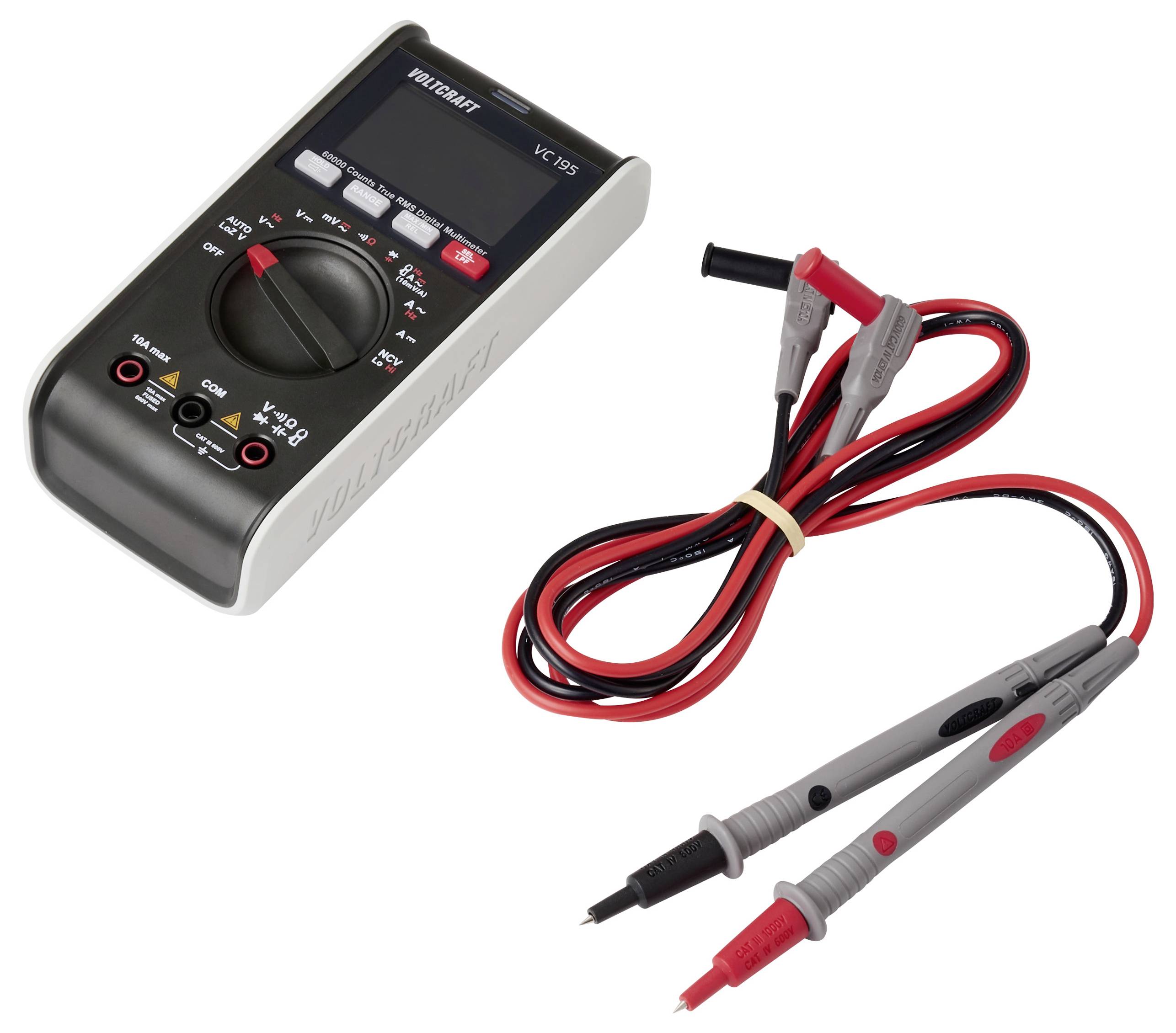 Et digitalt multimeter med display og drejeknap, ledsaget af røde og sorte prøveledninger, der bruges til at måle elektriske egenskaber.