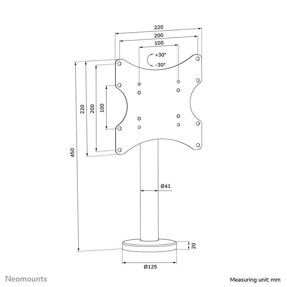 Tegning af en standfod med målangivelser i millimeter. Højde: 450 mm, bredde: 220 mm. Beslag kan vippes ±30 grader.