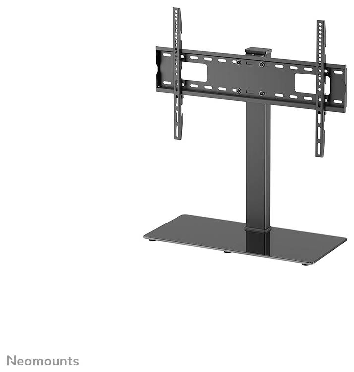 En sort monitorstander med flad base og justerbar holder, egnet til placering af skærme eller fjernsyn.