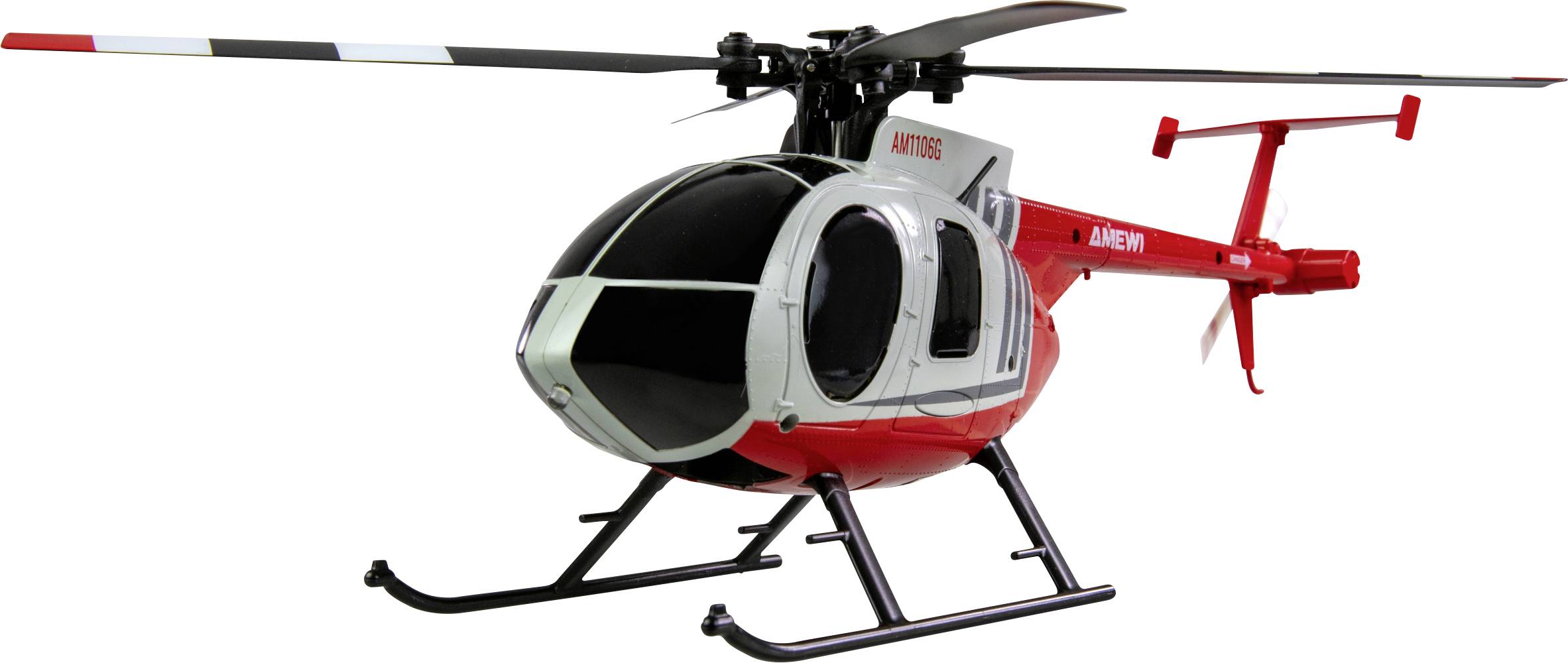 Legetøjsmodel af en helikopter i rød og grå, med iøjnefaldende halerotor og sort hovedrotor.