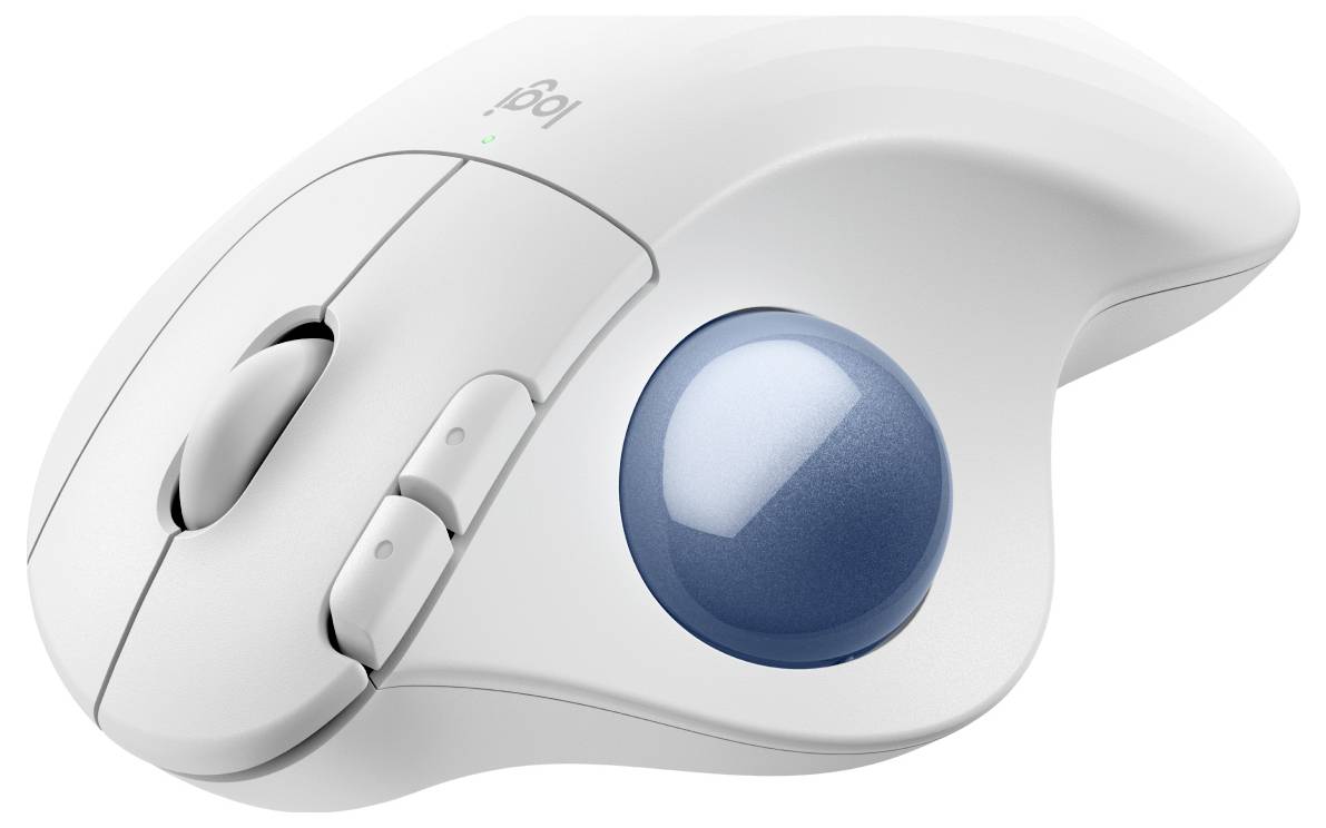 En hvid trådløs ergonomisk trackball-mus med blå kugle.