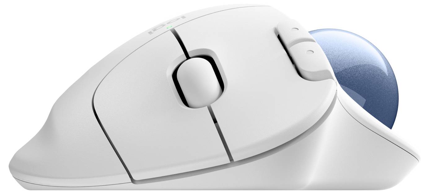 Hvid trådløs computermuse med blå trackball på siden, ergonomisk design. Ideel til præcise bevægelser uden belastning af håndleddet.