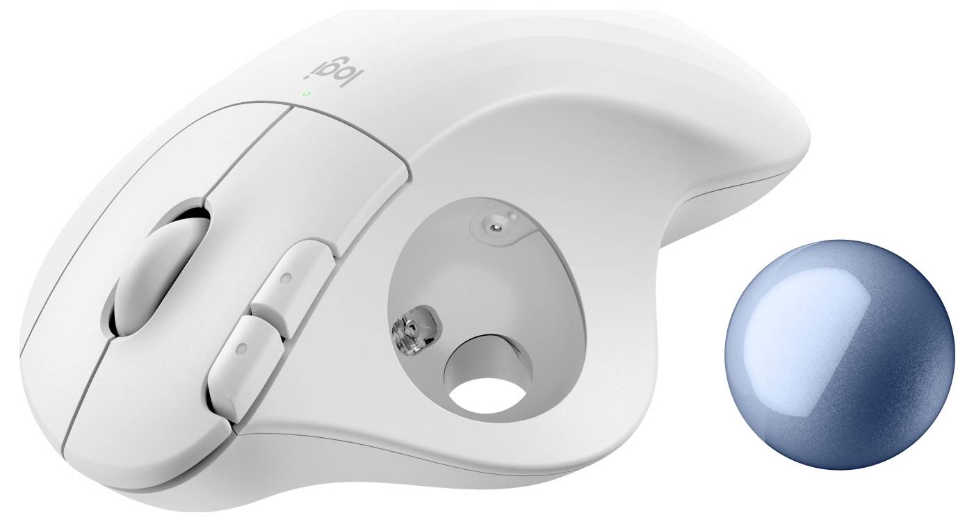 Hvid ergonomisk computermuse med trackball-rum, trackball ved siden af.