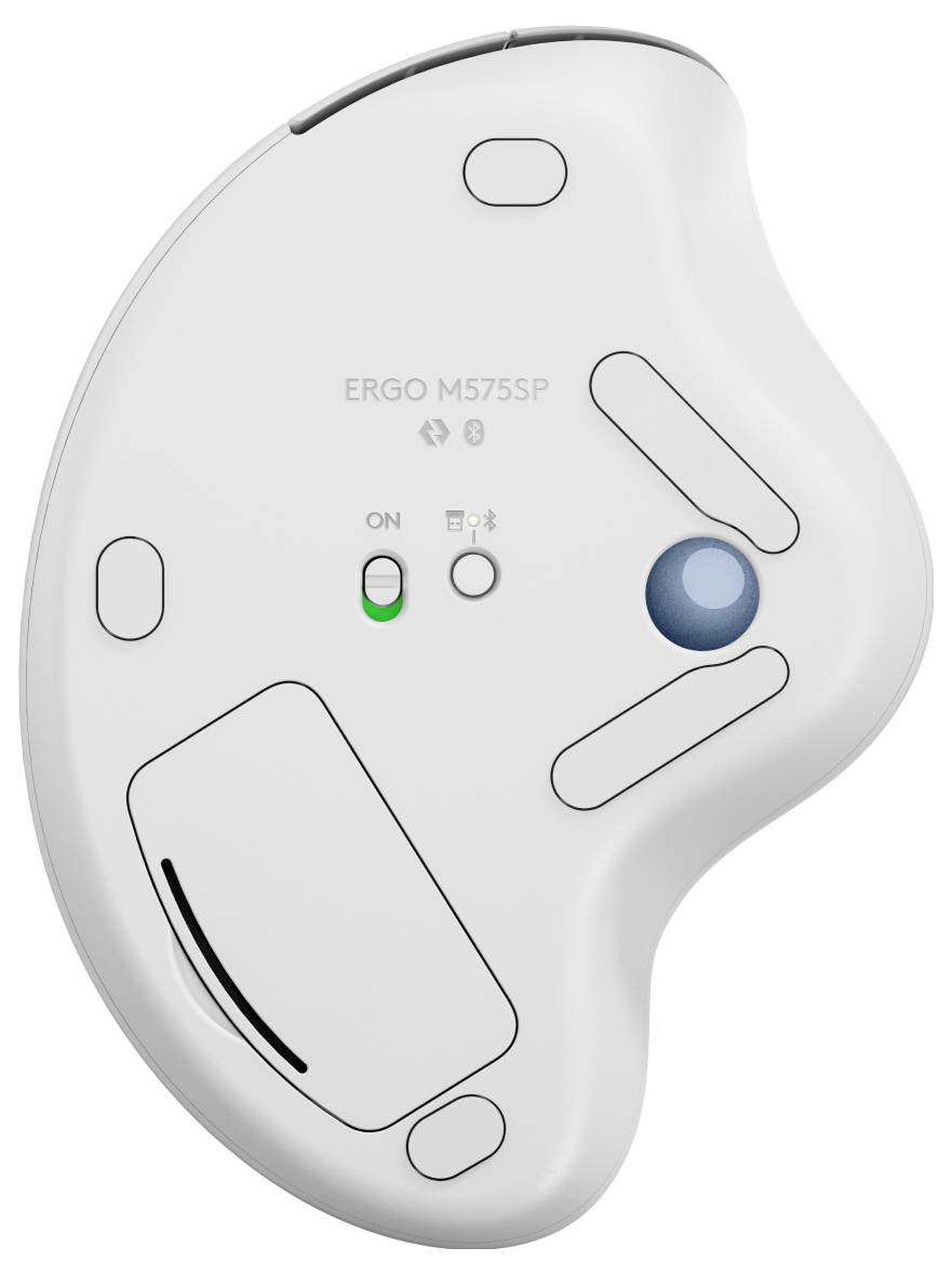 Undersiden af en ergonomisk hvid mus med trackball og tænd/sluk-knap er synlig. På den står der 'ERGO M575SP'.