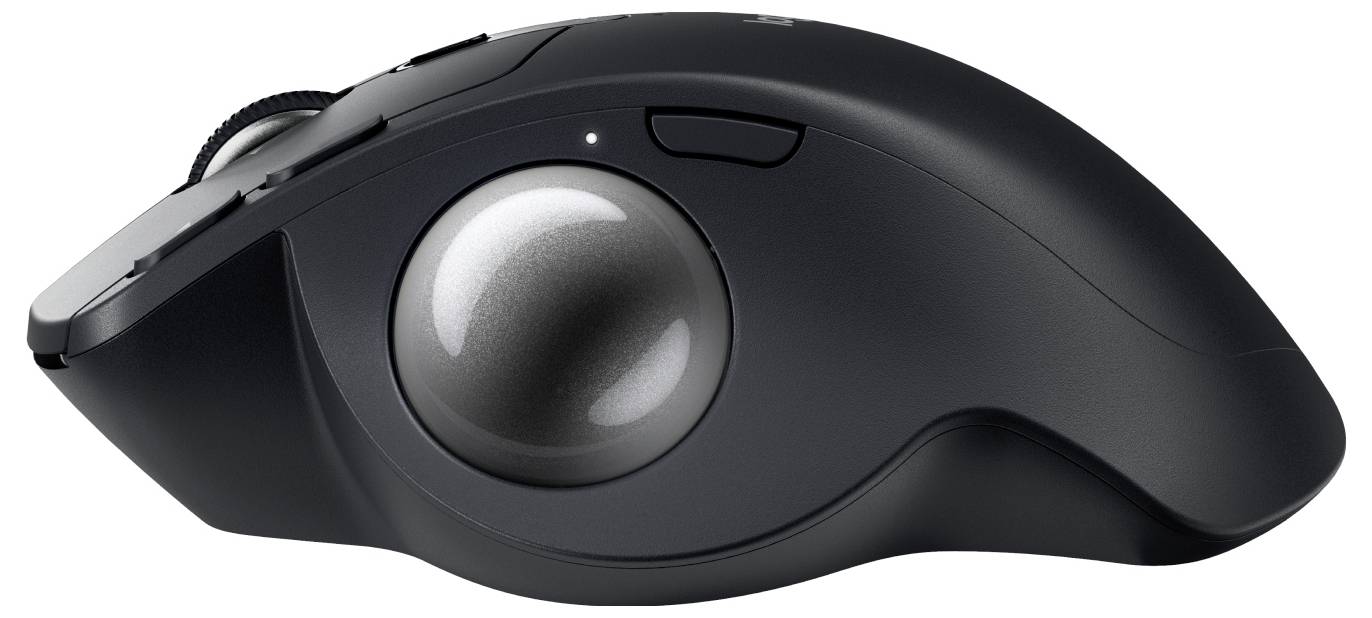 Sort ergonomisk trackball-mus med trackball i siden og tre knapper til venstre.