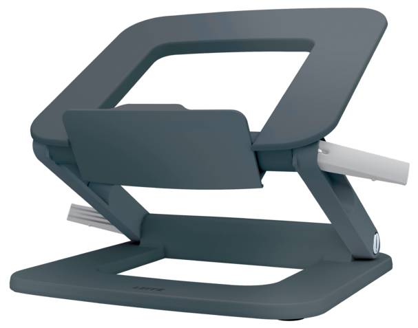 En mørkegrå, justerbar laptopstander i plast viser et moderne, minimalistisk design til ergonomisk brug.