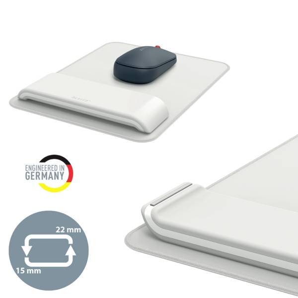 Ergonomisk håndledsstøtte med sort mus ovenpå. "Engineered in Germany" logo ved siden af en skitse med målene 22 mm og 15 mm.