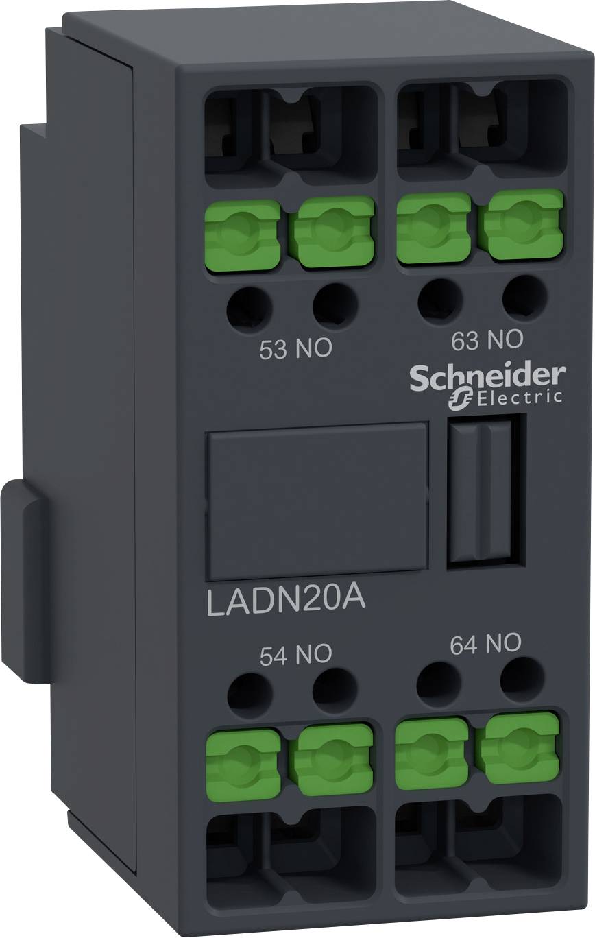 Et elektrisk betjeningsapparat med påskriften 'Schneider Electric' og modelnummer 'LADN20A', som viser tilslutningsklemmer og kontakter.