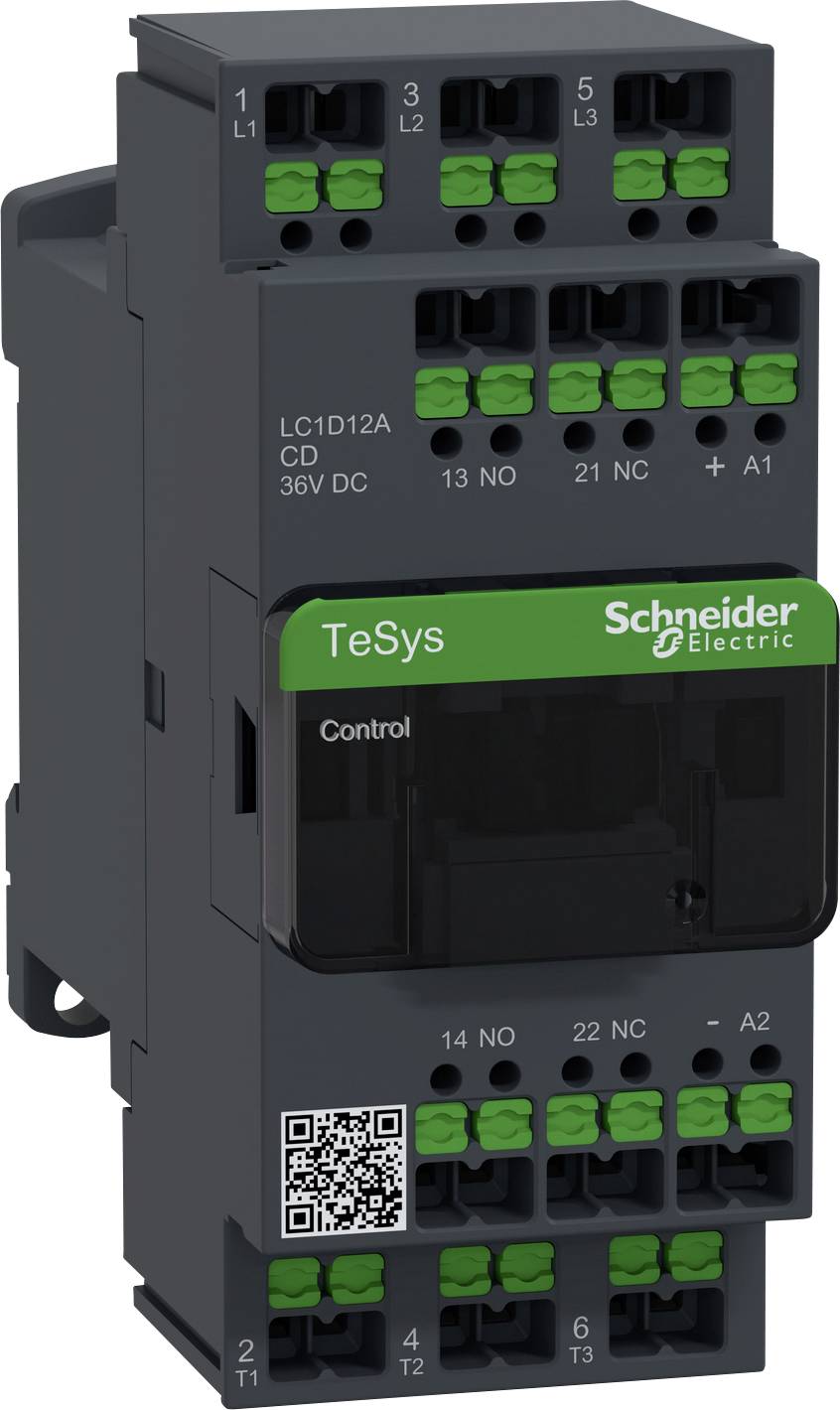 Industrielle relæer fra Schneider Electric med grøn påskrift 'TeSys'. Øverst: forskellige tilslutningsklemmer og en QR-kode nederst.