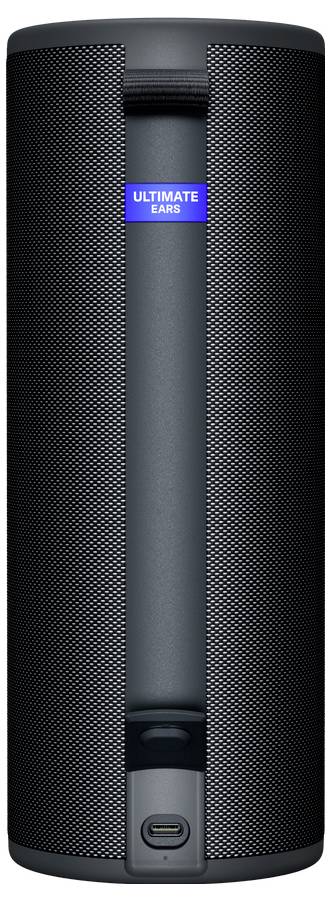 En bærbar, cylinderformet højtaler med sort gitter og et blåt 'Ultimate Ears'-logo øverst. USB-C-stik i bunden.