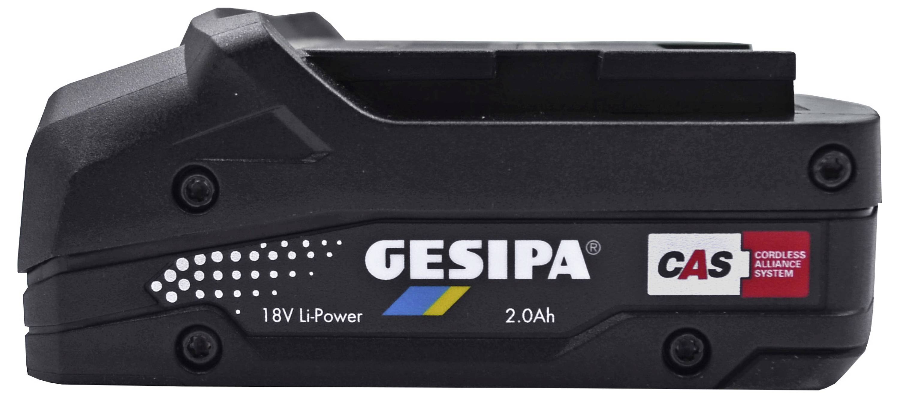 Et sort GESIPA 18V Li-Power 2.0Ah genopladeligt batteri med CAS-logo til el-værktøj, som viser dets kompakte design og mærkning.