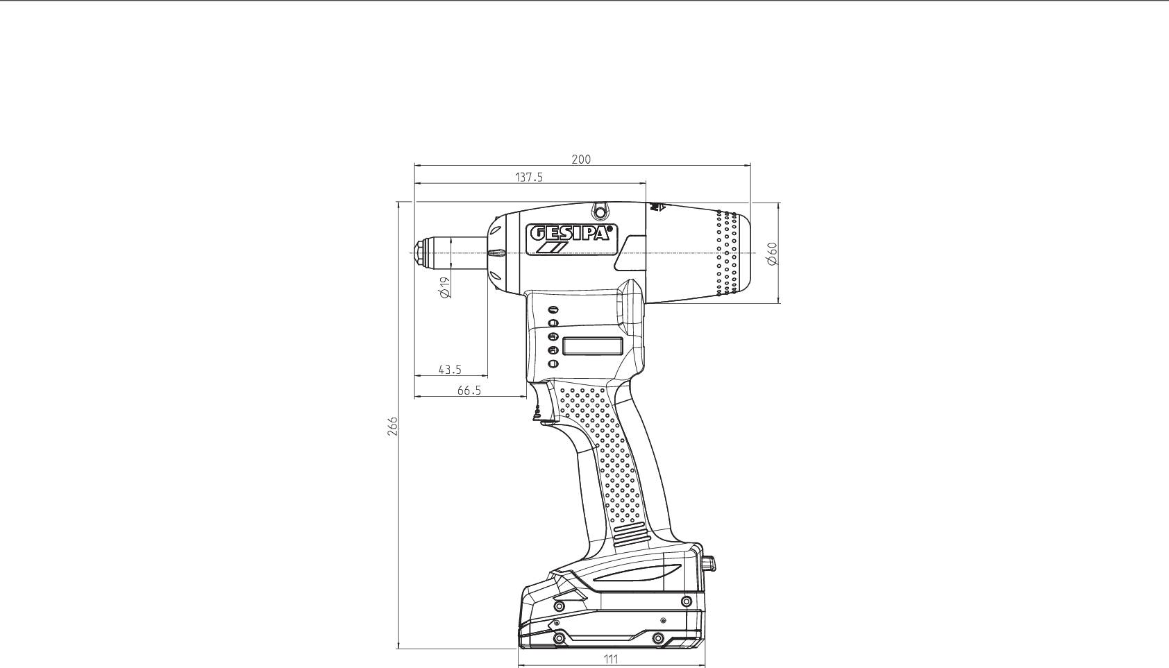 Diagram over en boremaskine med præcise mål, herunder totallængde på 200 mm, grebshøjde på 180,5 mm og bredde på 56 mm.