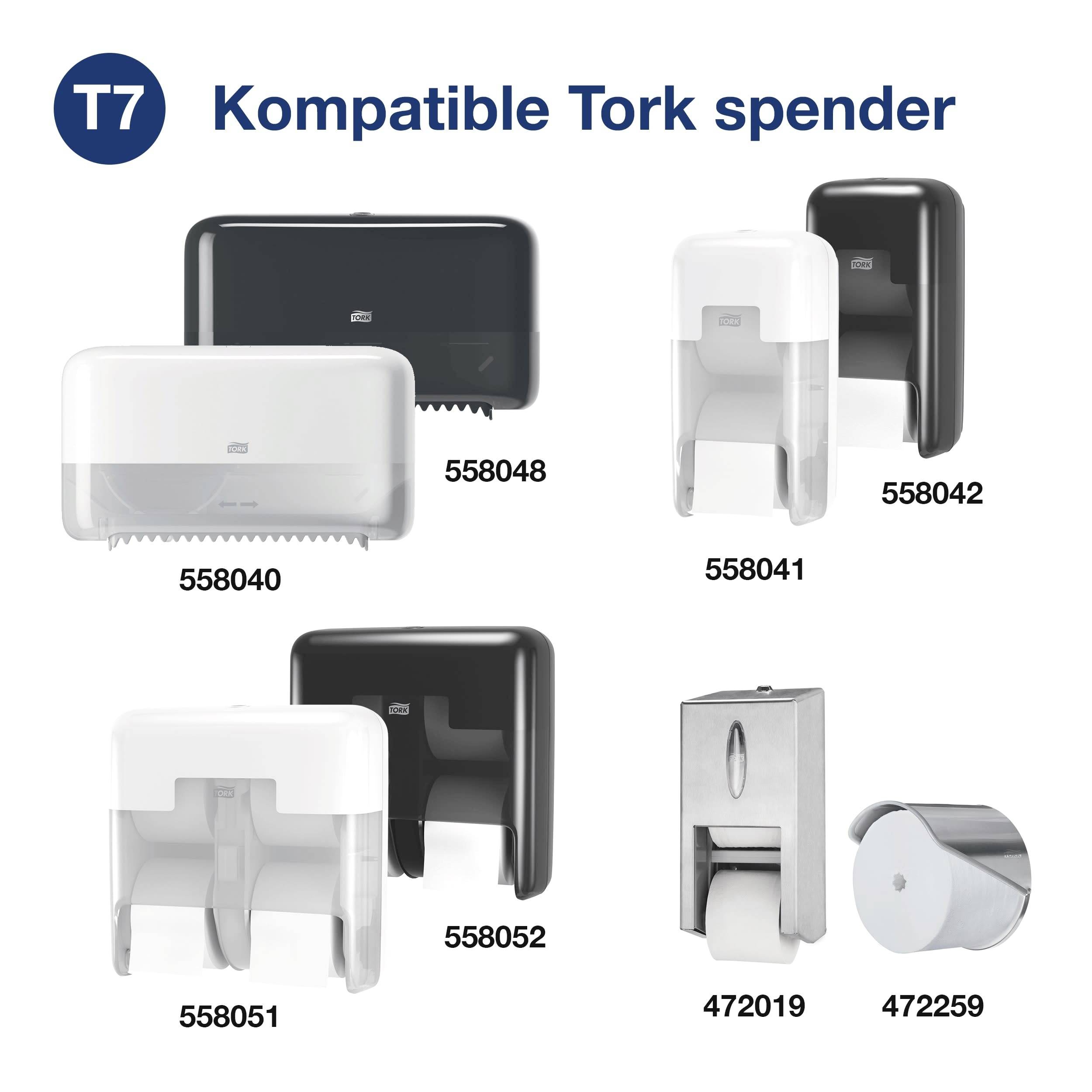 Tork dispenser i forskellige designs og farver, kompatibel med T7-papirrulleformater. Modeller: 558048, 558040, 558051, 558042, 558041, 558052, 472019, 472259.