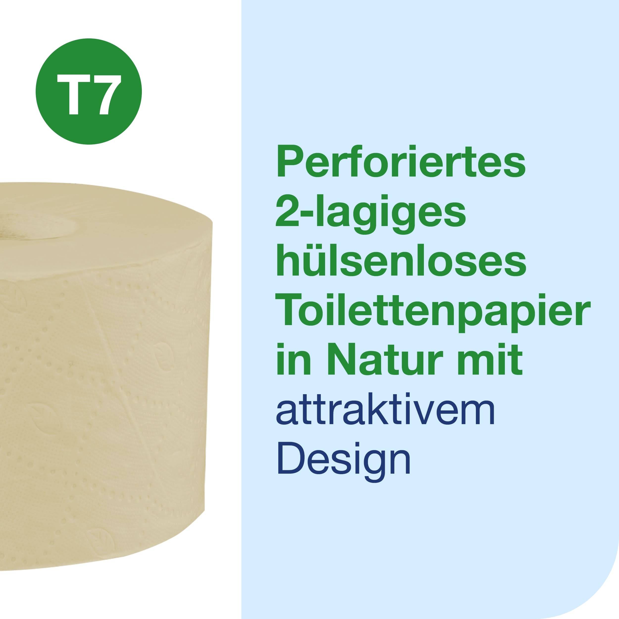 Toiletpapir uden kerne, perforeret, 2-lags. Tekst: 'Perforeret 2-lags kernefrit toiletpapir tæt på naturen med attraktivt design'.