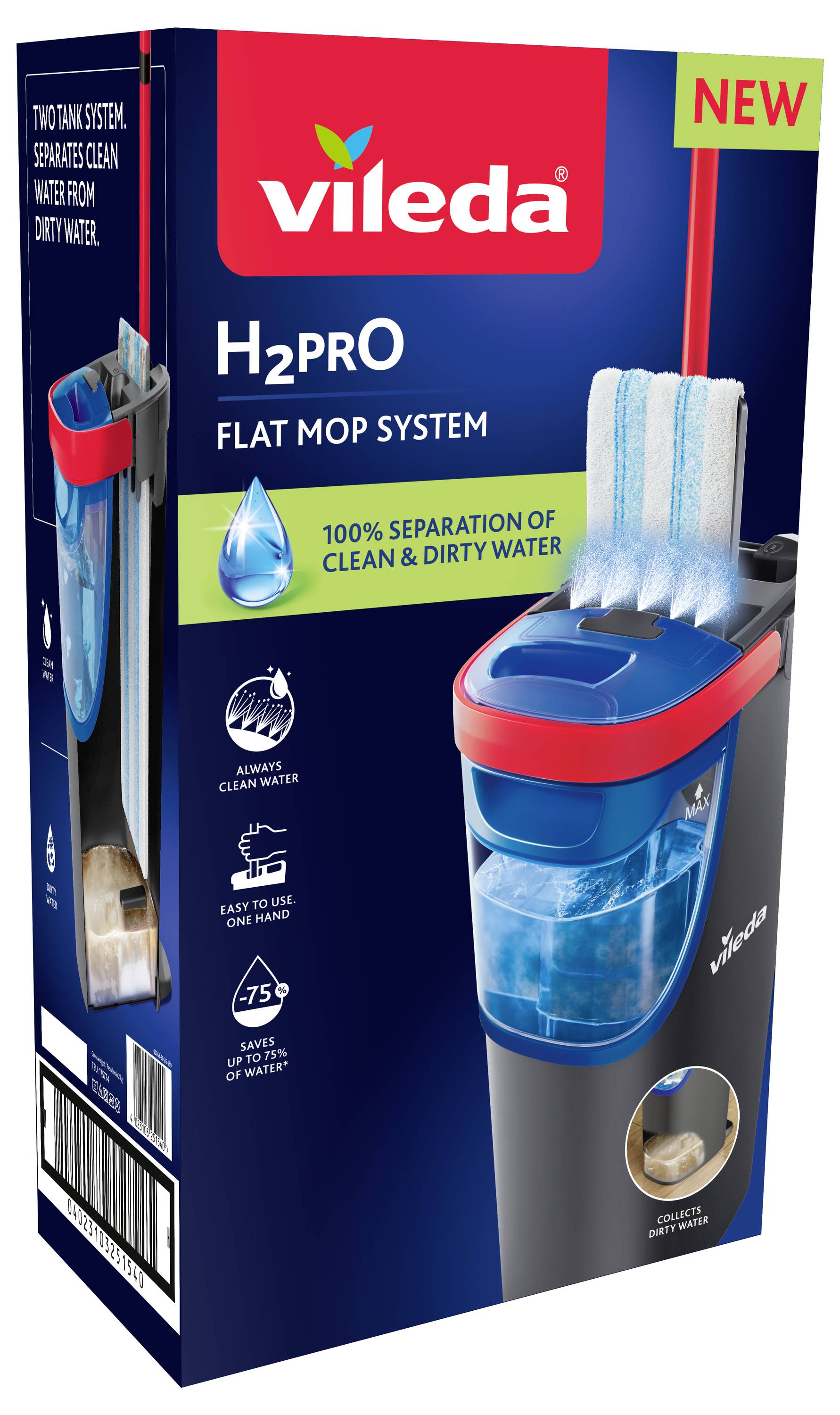 Ny emballage til Vileda H2PRO Flat Mop System med adskilte beholdere til rent og snavset vand; sparer op til 75% vand.