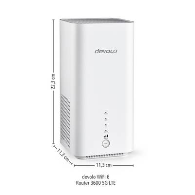 En hvid devolo WiFi 6 router med LTE-funktion, 22,3 cm høj, 11,3 cm bred. På forsiden sidder kontrollamper.