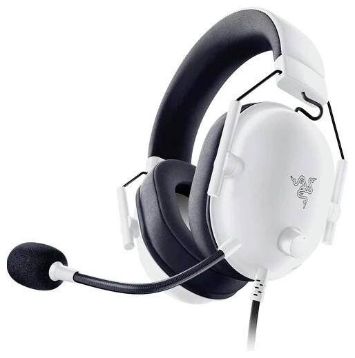 Hvidt headset med mikrofonarm, kabelfast; velegnet til computerspil eller online-kommunikation.