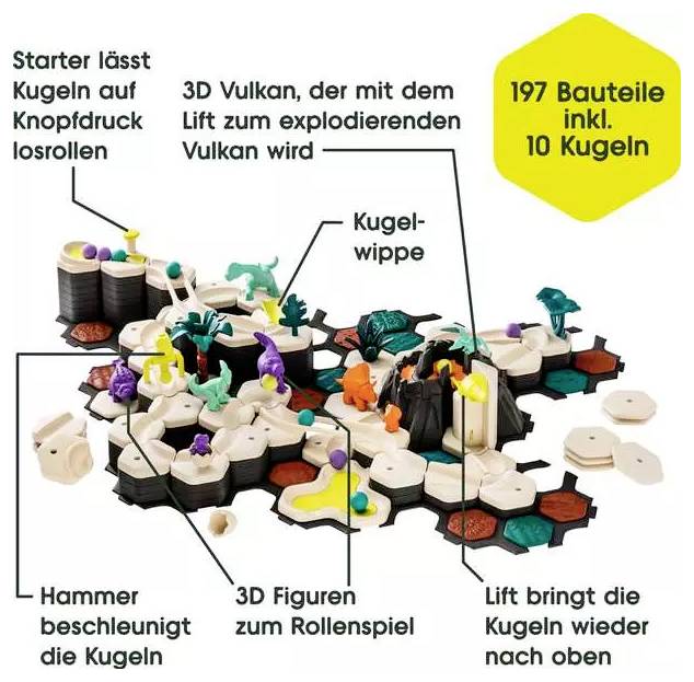 Spilleplade med 3D-vulkan, kuglehældning og hammer. Starteren udløser kugler. Løftet bringer kugler op. Indeholder 197 dele, 10 kugler.