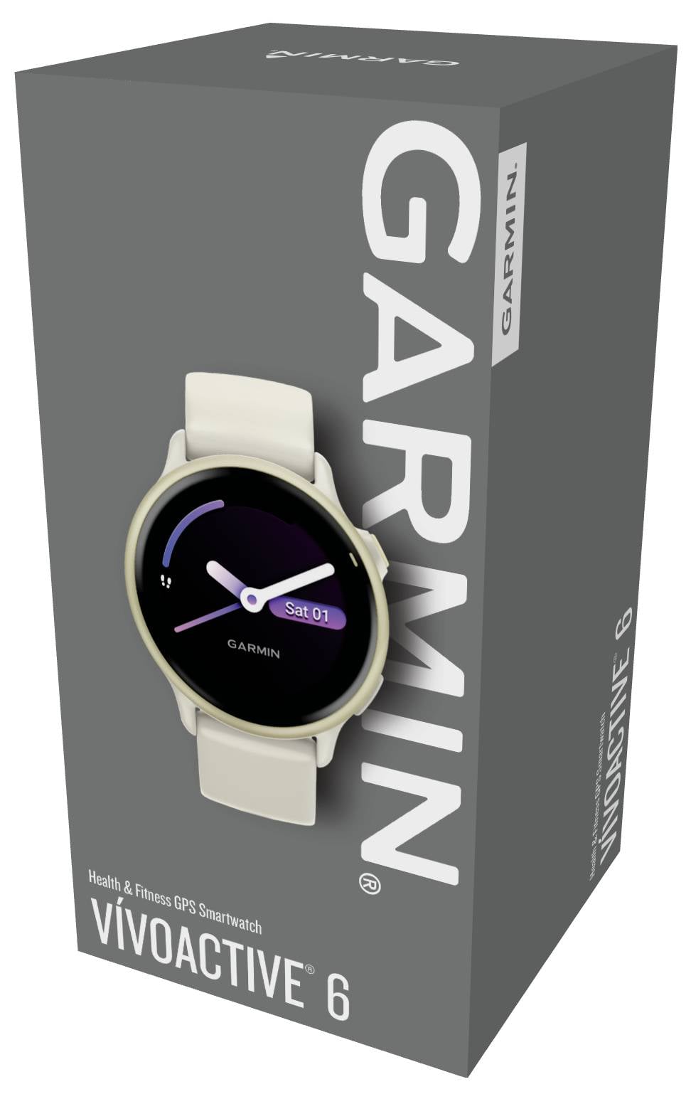 Emballage til en Garmin Vivoactive 6 smartwatch. Illustrationen viser urskiven med tidspunkt og dato.