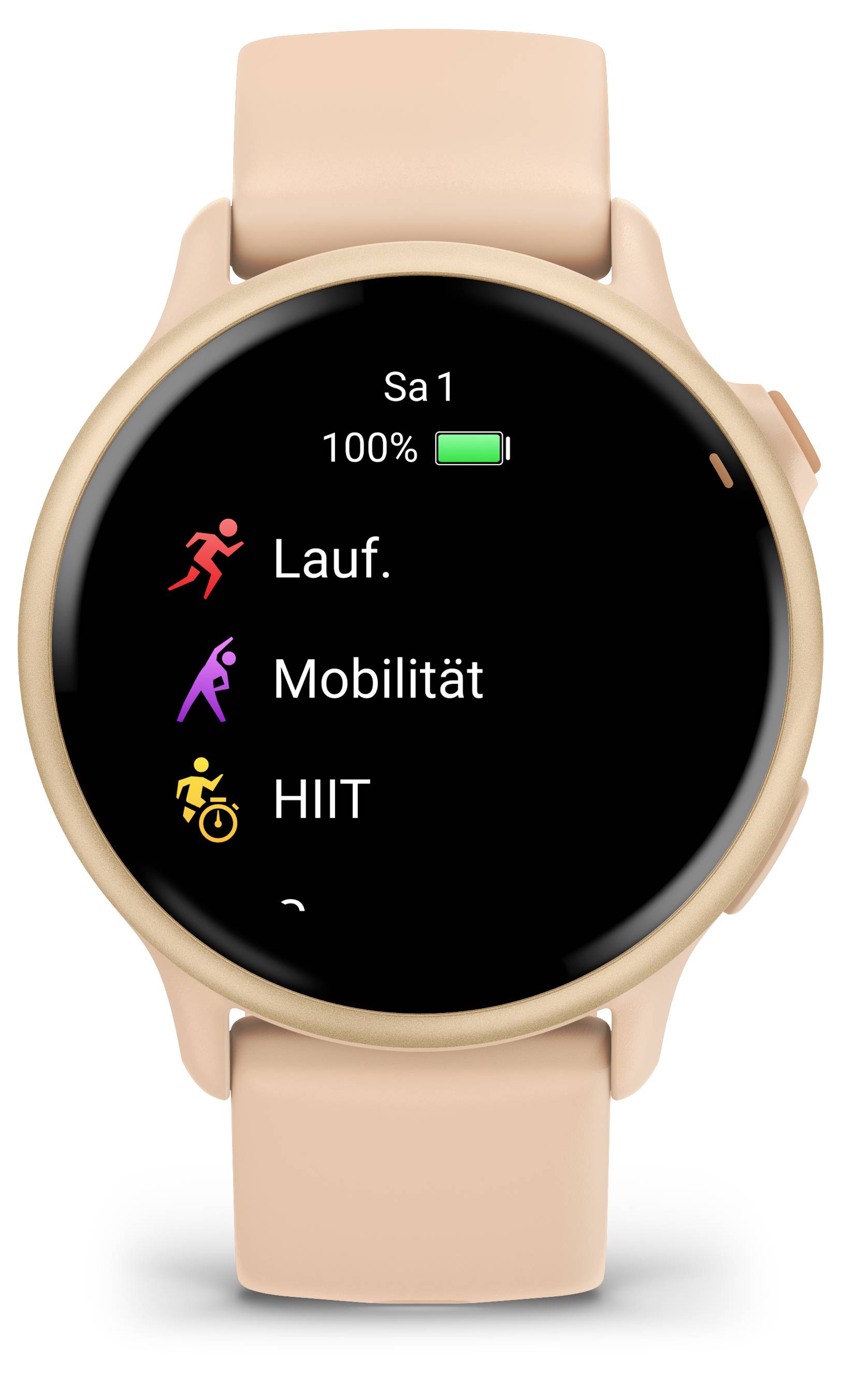 Smartwatch med lyserød rem viser træningstilstande på skærmen: Løb, mobilitet, HIIT. Batteriniveau 100%, lørdag.