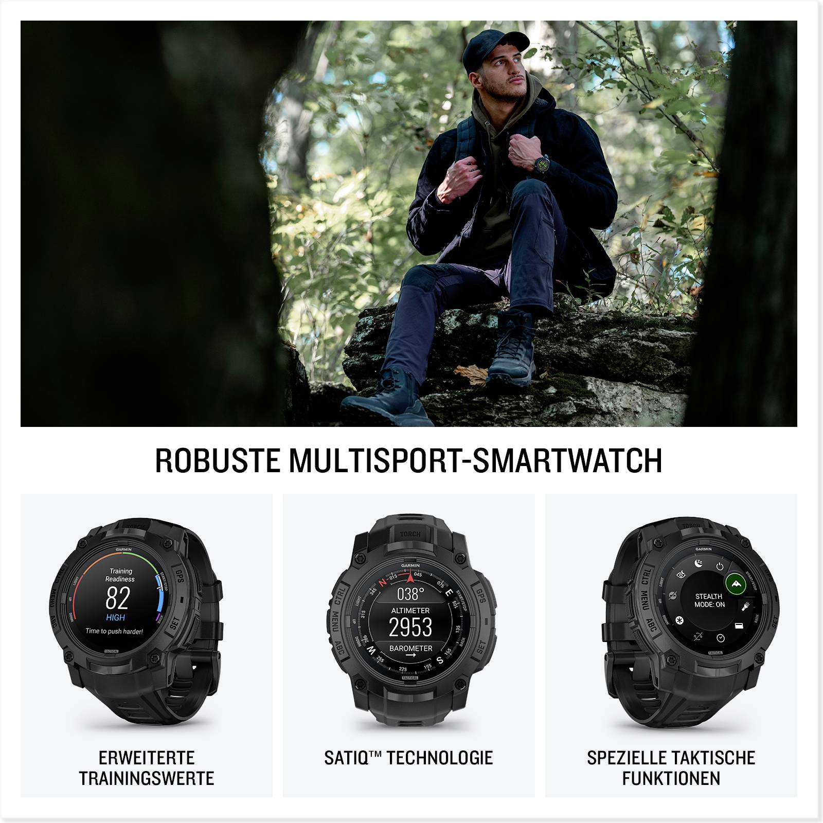 En mand sidder i skoven, iført en sportsjakke og hue. Nedenunder vises tre robuste multisport-smartwatches med forskellige funktioner.