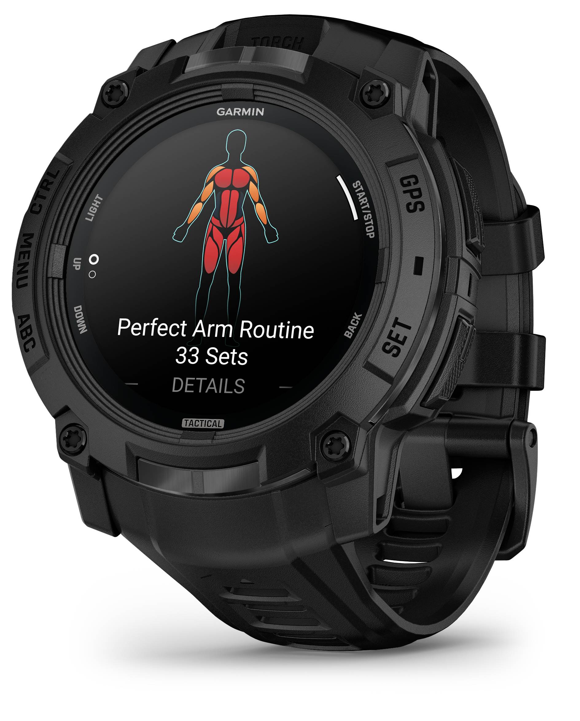 En sort smartwatch viser en fitness-app, der fremviser en 'Perfekt armrutine' med 33 øvelser. Et diagram over en trænet krop er synligt.