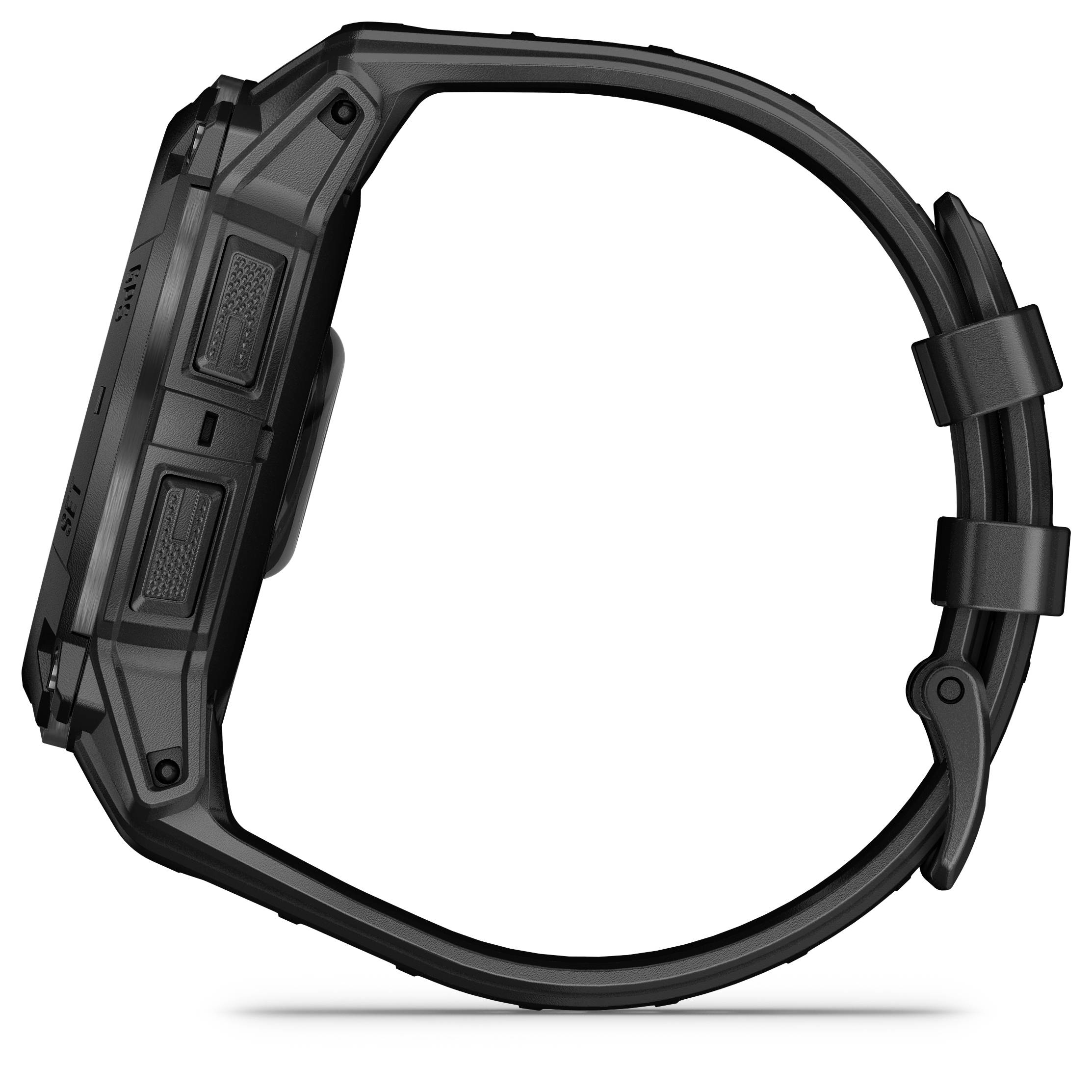 Et sort digitalt sportsur med robust design, fotograferet fra siden. Det har et bredt rem og en solid kabusform.