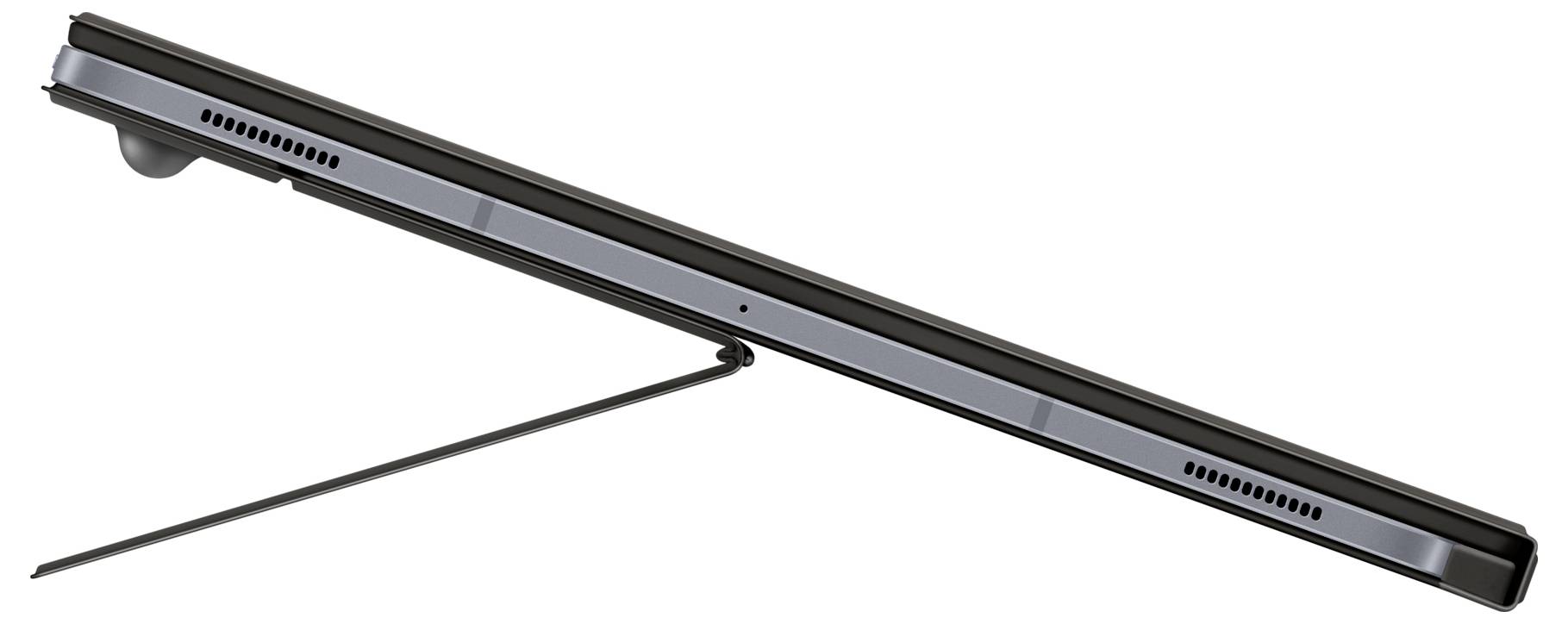 Sidevisning af en tynd, strømlinet sort bærbar computer med en udtrukket støtteben, som fremhæver dens mobilitet og moderne design.