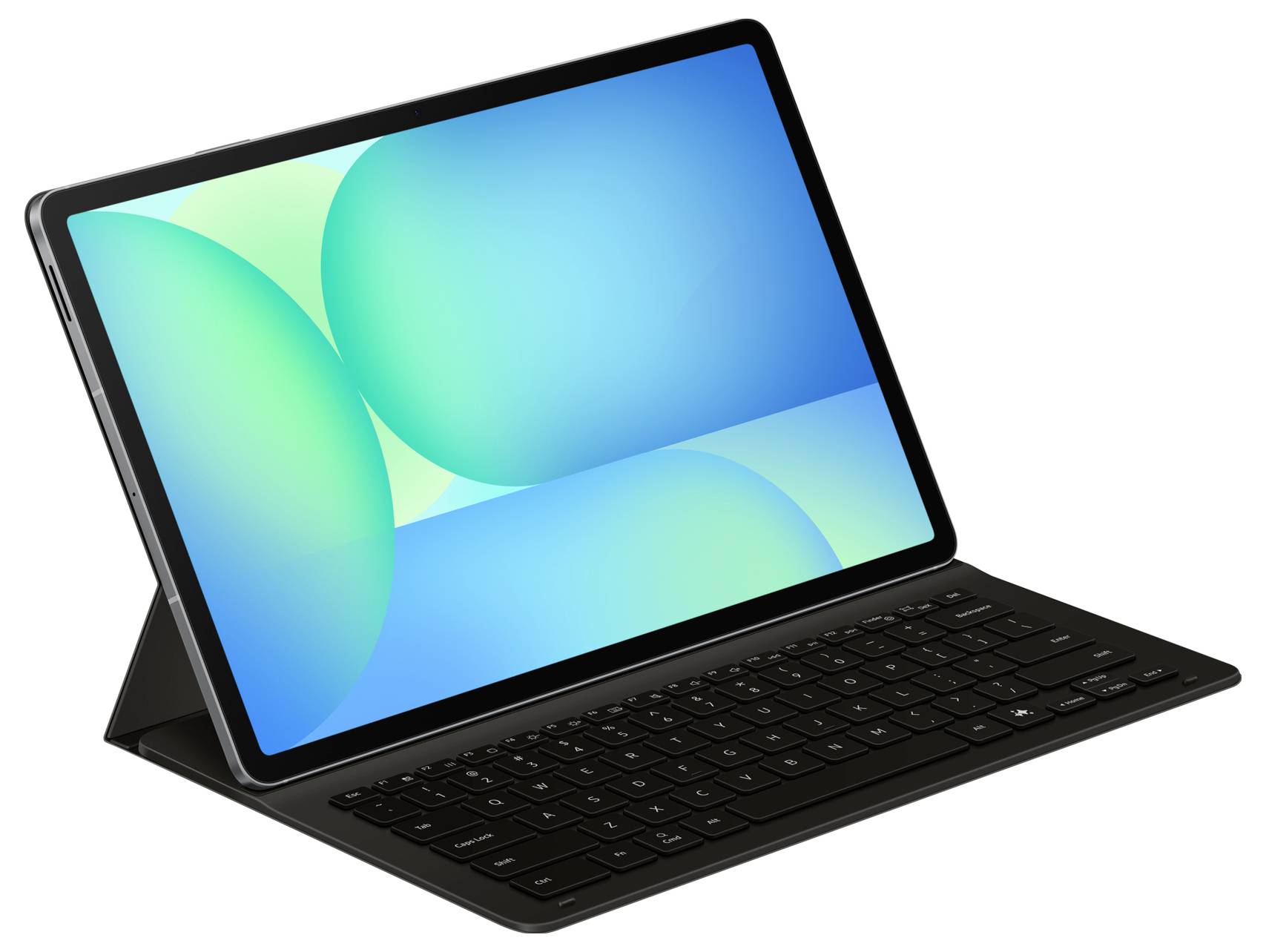 Tablet med en blågrøn skærm, påsat et sort tastaturetui, vinklet let til venstre.