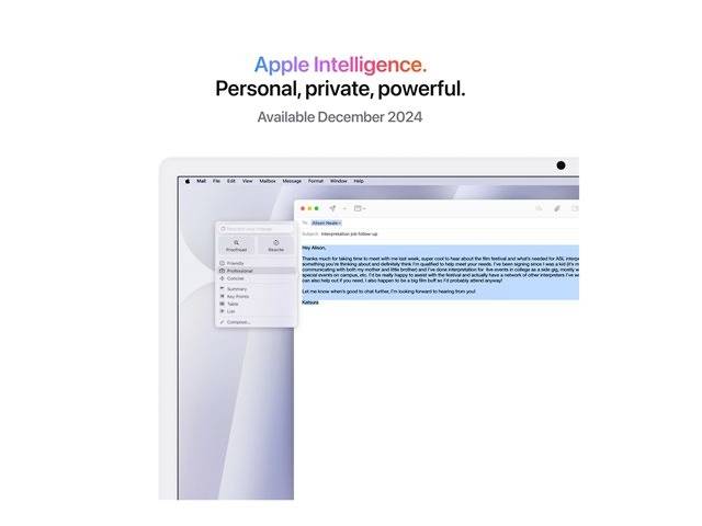 'Apple Intelligence. Personlig, privat, kraftfuld. Tilgængelig december 2024.' Et digitalt apparat med et åbent tekstdokument.