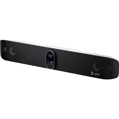 Sort soundbar med påskriften 'poly' på siden, med to integrerede kameraer i midten, egnet til videokonferencerum.