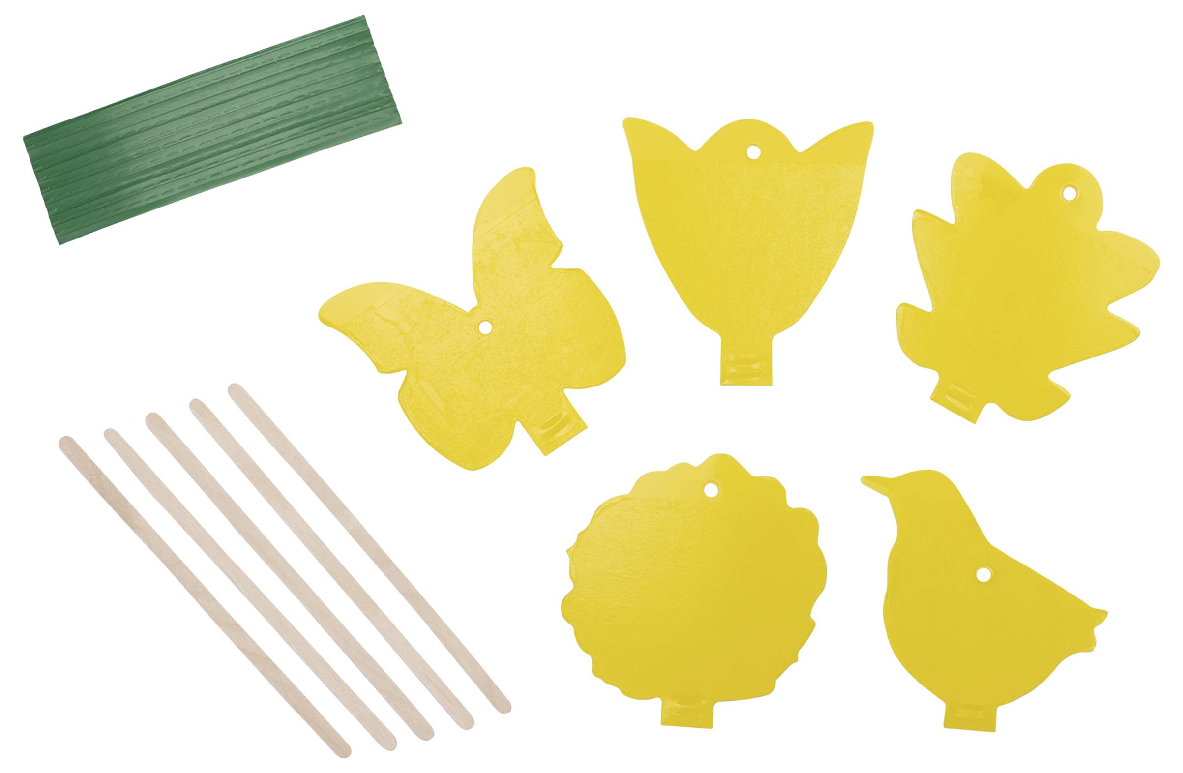Gule insektfælder af plastik i forskellige former, herunder sommerfugl, blomst, fugl og blade, med træpinde.