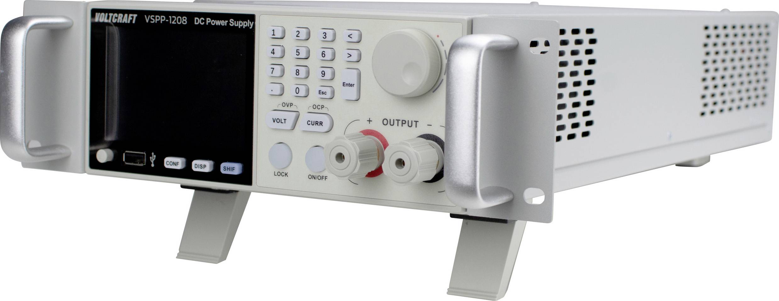 Et sølvfarvet multikanals DC-strømforsyningsapparat med digitalt display, betjeningspanel og udgangsterminaler, som bruges til elektronisk test og reparation.