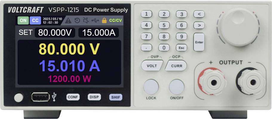 VOLTCRAFT VSPP-1215 DC-strømforsyning viser 80.000 V, 15.010 A og 1200.00 W med spændings- og strømkontroller samt udgangsklemmer.