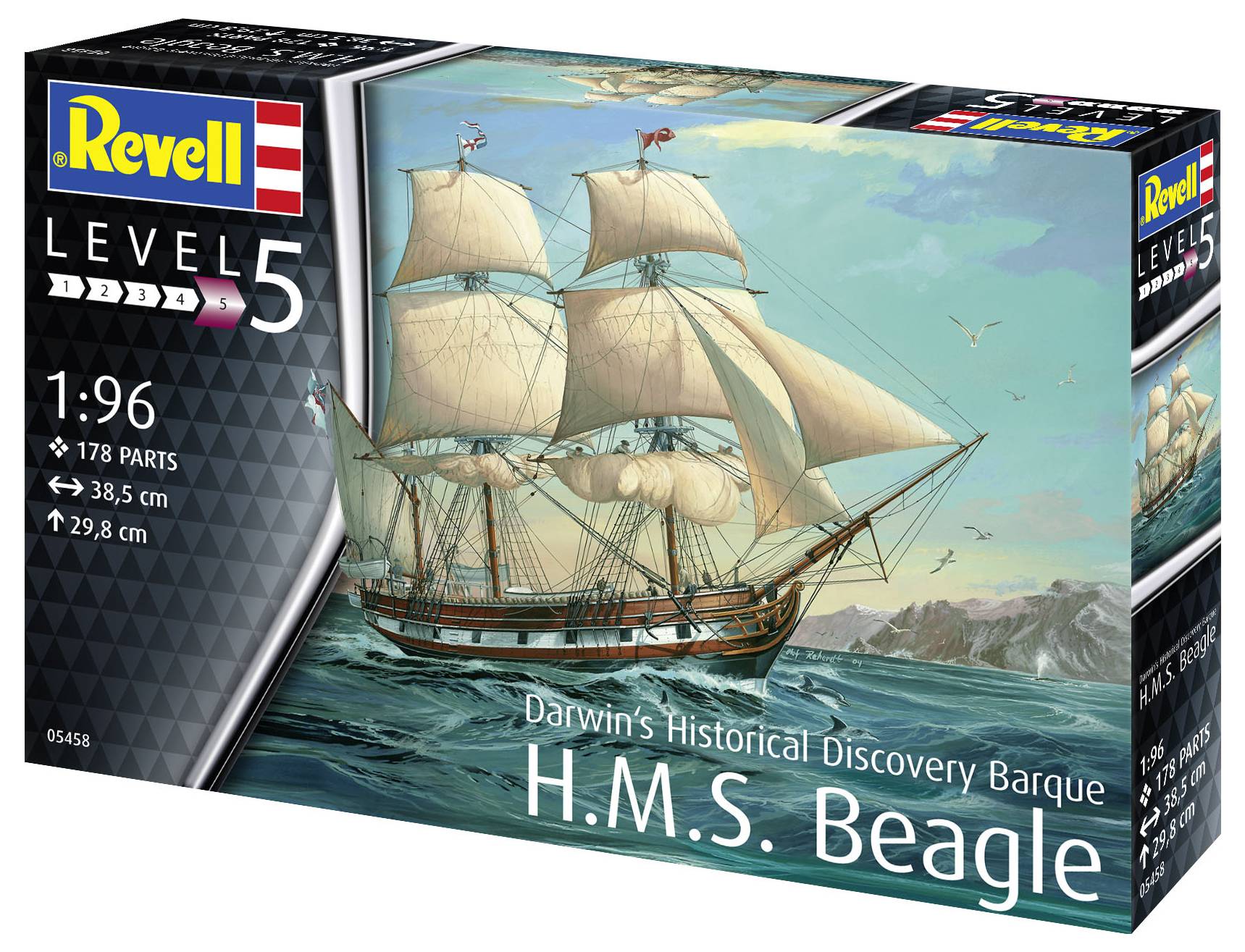 Skibsmodelbygningssæt af 'H.M.S. Beagle' fra Revell, niveau 5, målestok 1:96. Illustration viser sejlskib på åbent hav.