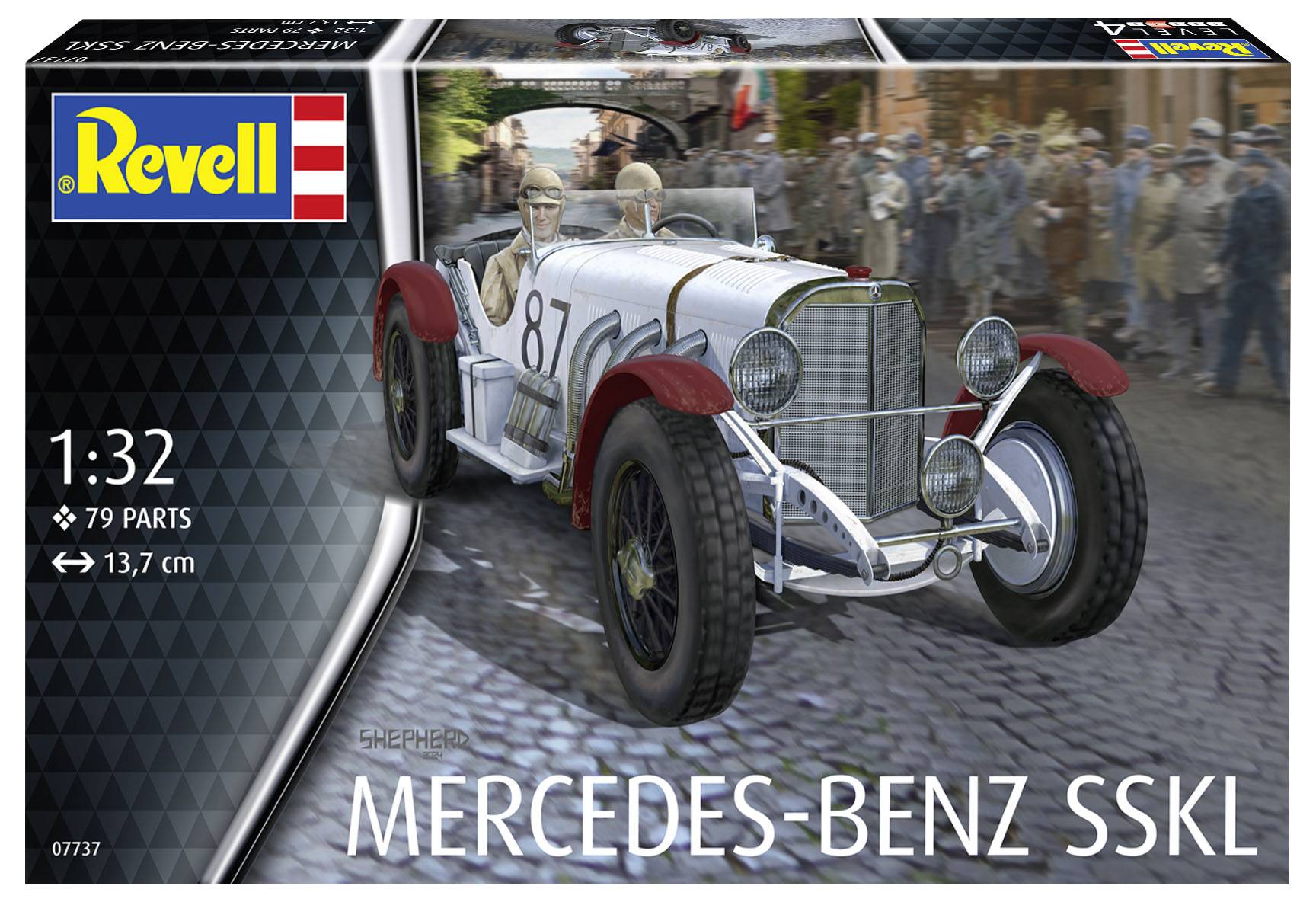 Modelbygningssæt viser en veteranbil racerbil, Mercedes-Benz SSKL, med nummer 87, i bevægelse. 79 dele, målestok 1:32.