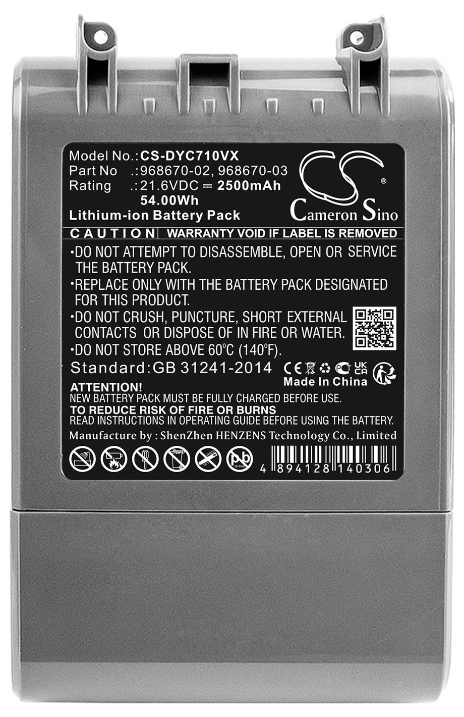 Lithium-ion batteri, model CS-DYC710VX, 54,00Wh. Advarsler: Må ikke skilles ad, knuses, kastes i ild eller vand.