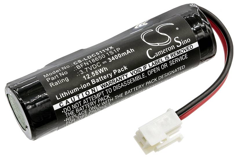 En cylindrisk lithium-ion-batteri med en spænding på 3,7 V og en kapacitet på 3400 mAh. Indeholder kabel med et hvidt stik.
