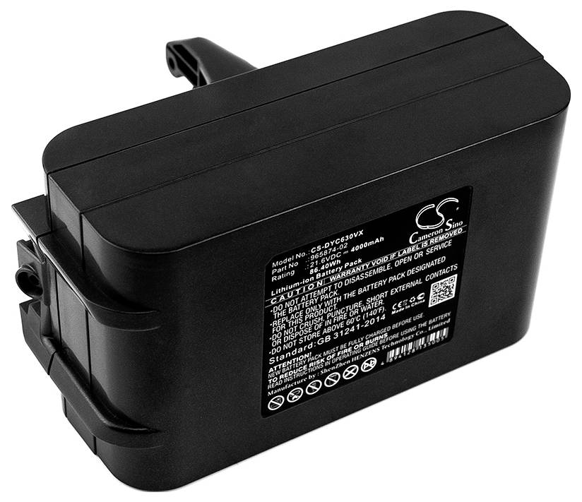 Sort batteri med hvidt mærkat, der indeholder tekniske informationer og sikkerhedsdetaljer på engelsk.