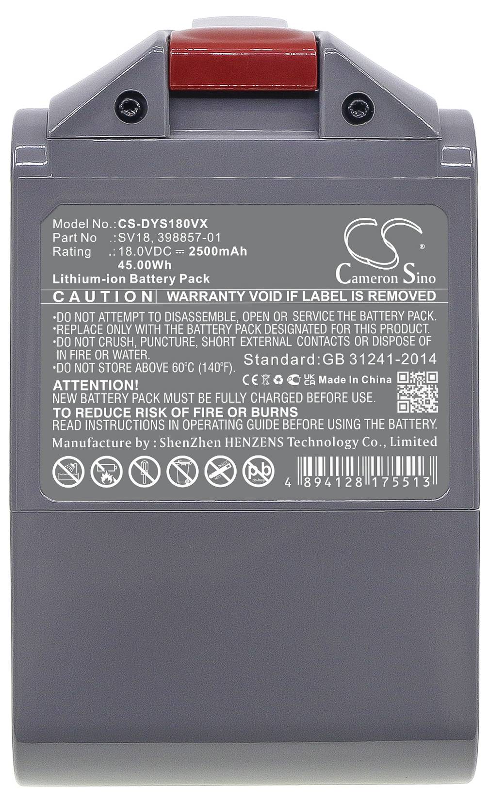 Lithium-ion-batteri med mærkat: Modelinformation, kapacitet 18V, 2500mAh. Advarsler og producentoplysninger anført nedenfor.