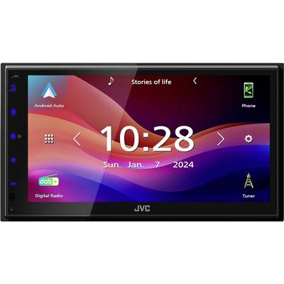 Digitalt bilradio-display med tidspunktet '10:28', dato 'Søn. Jan. 7, 2024', forbindelser til Android Auto, telefon, digitalradio.