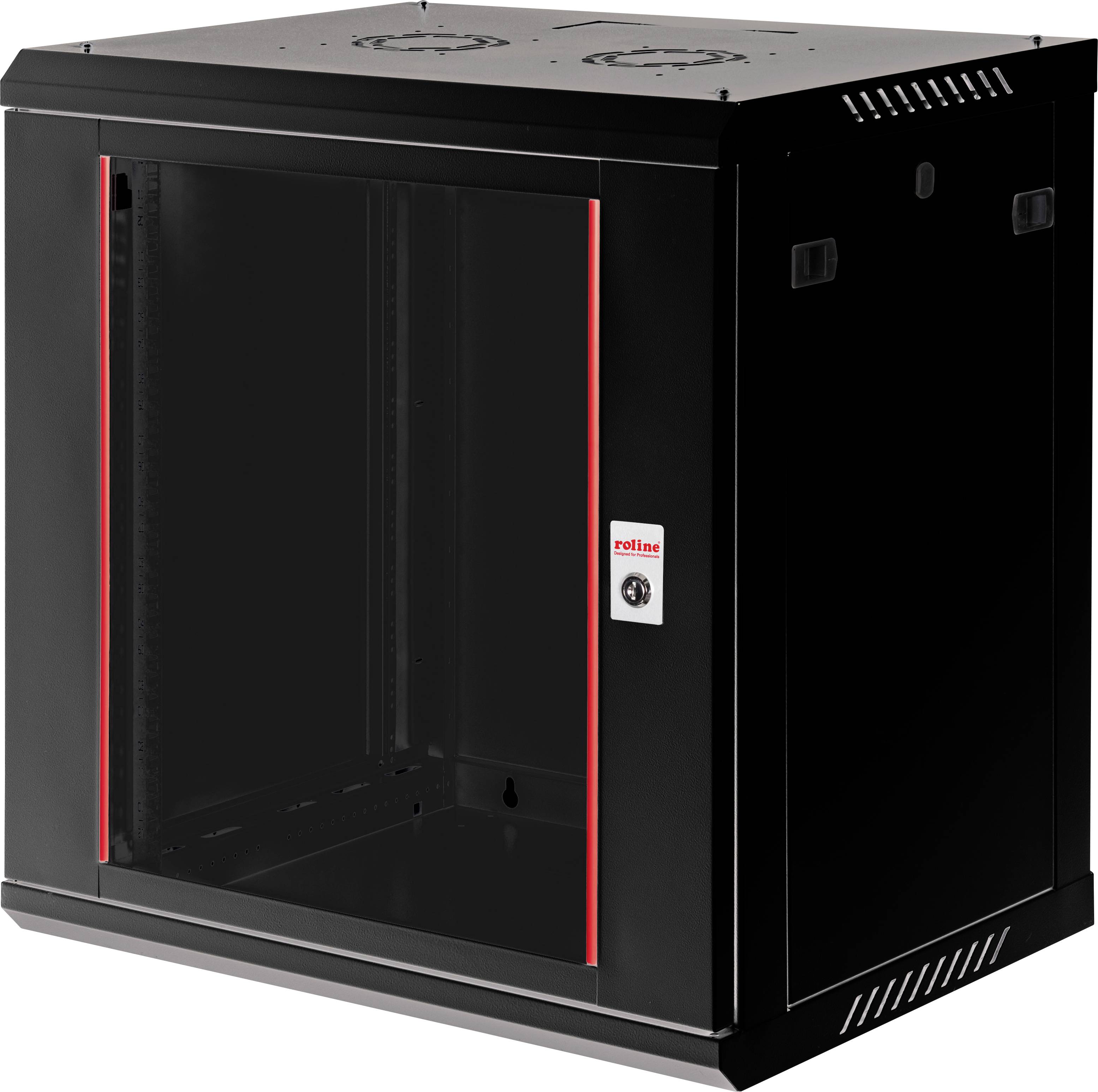 Sort vægmonteret serverrack med glasdør. Det har røde detaljer og en lås på døren, designet til sikker opbevaring af udstyr.