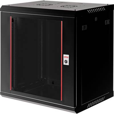 Sort vægmonteret serverrack med glasdør. Det har røde detaljer og en lås på døren, designet til sikker opbevaring af udstyr.