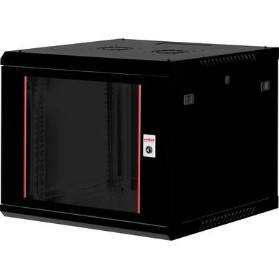 Et sort vægmonteret IT-serverrack med en transparent frontpanel, røde detaljer og et brandlogo på siden, velegnet til opbevaring af netværksudstyr.