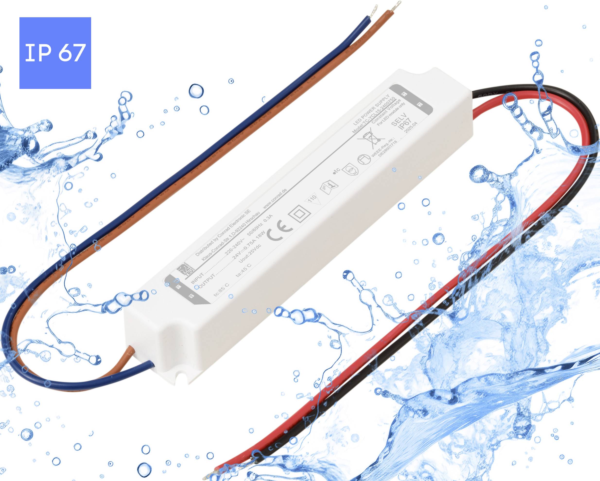 En vandtæt, rektangulær LED-driver med blå og røde ledninger vises på en vandsprøjtbaggrund, mærket 'IP 67' som indikerer beskyttelse.