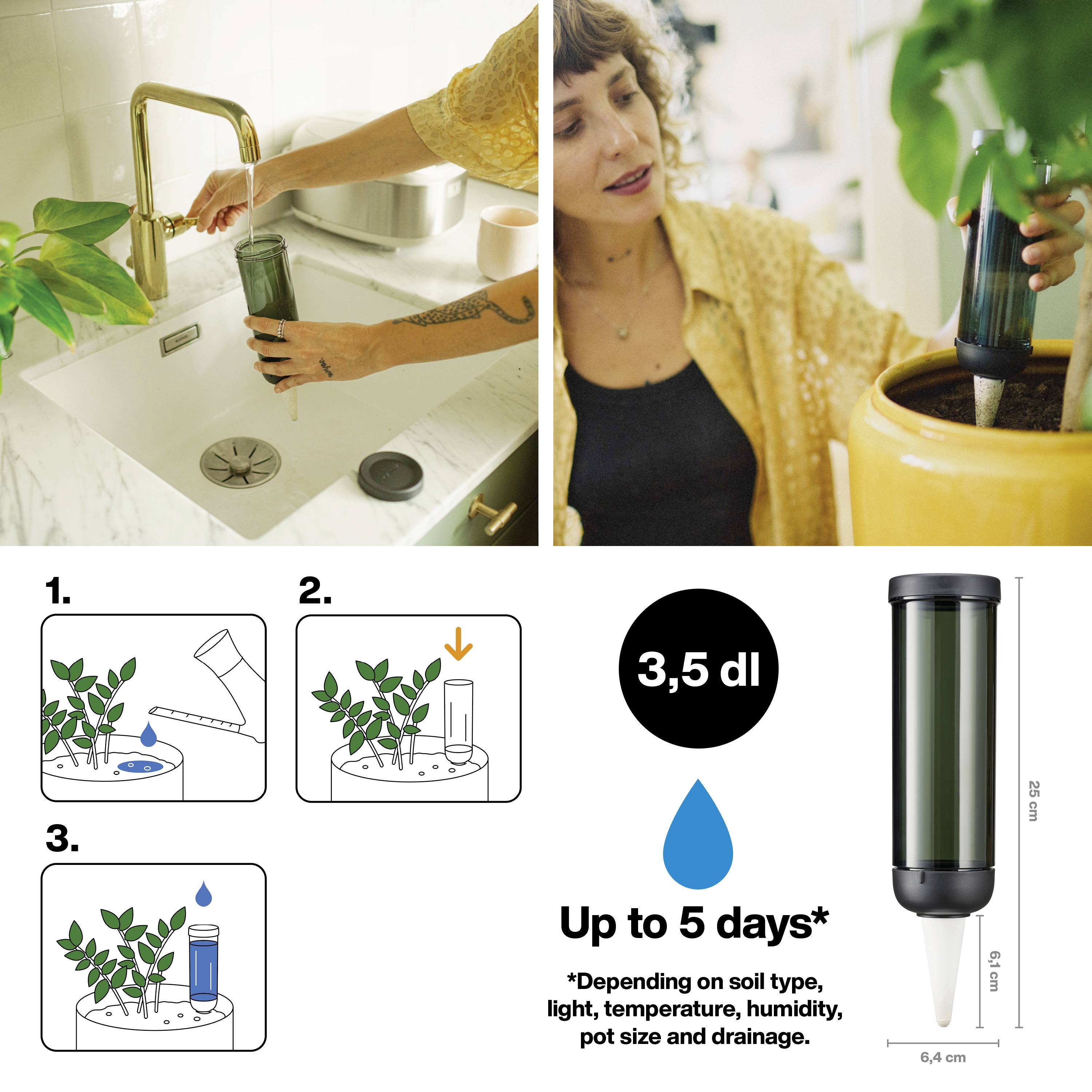 'Automatisk vanding til planter', viser tre trin: Fyld enheden med vand, stik den i jorden. Forsyner planter med vand i op til fem dage.