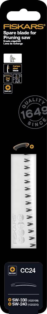 Emballage til Fiskars savbladsmodel 'SW330', kompatibel med Fiskars SW330 grensav. Indeholder et nyt udskiftningssavblad.
