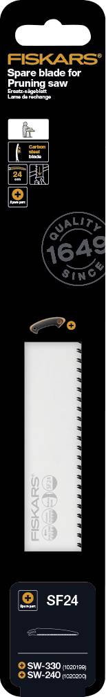 Reserveblad til Fiskars-udstyr, model 'SW 330'. Emballagen viser bladet med savtakket kant, logo og produktoplysninger.