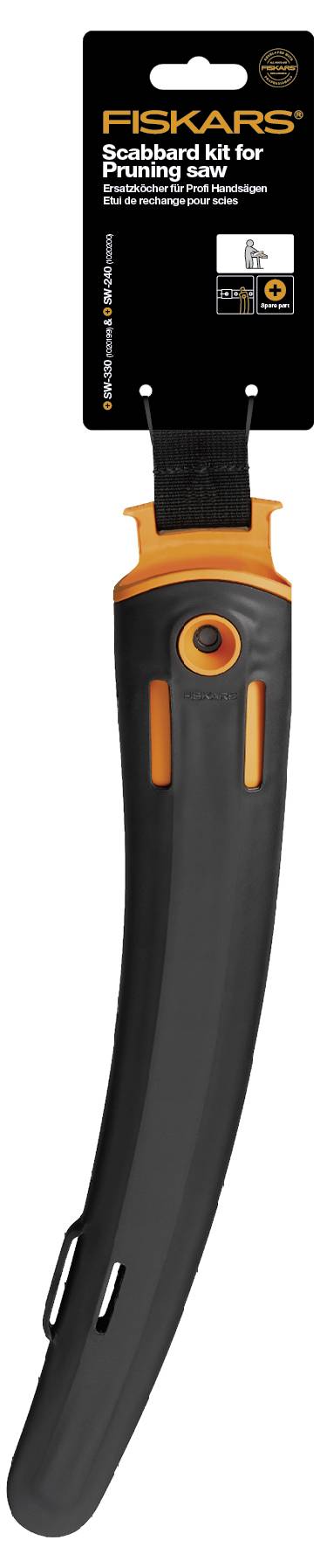 En sort sav med orange håndtag og beslag, pakket på en sort pappeholder; egnet til beskæring af grene.