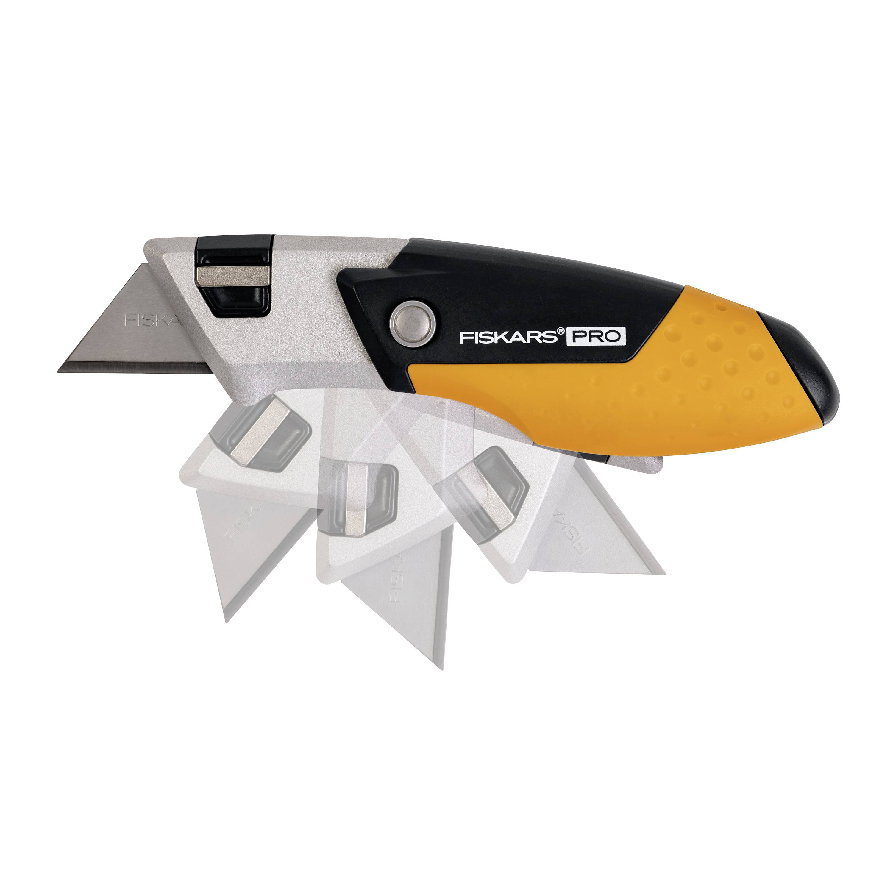 Appelsiner og sort universalkniv med udskiftelig klinge, ergonomisk greb og indtrækkeligt klingefunktion.